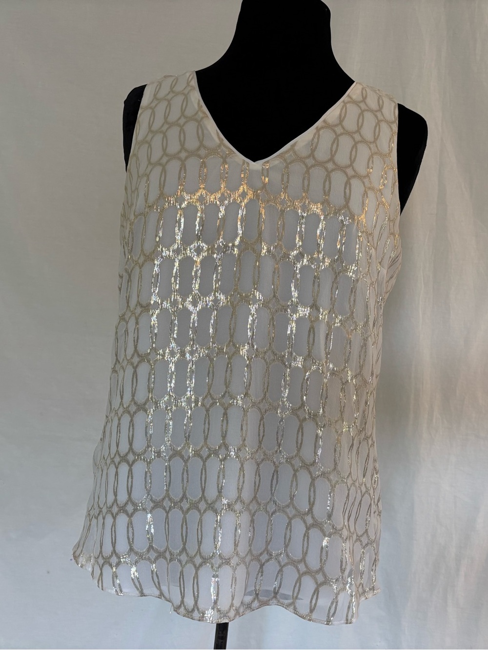 White House Black Market Silk Metallic V-NeckTank Blouse Medium Gold